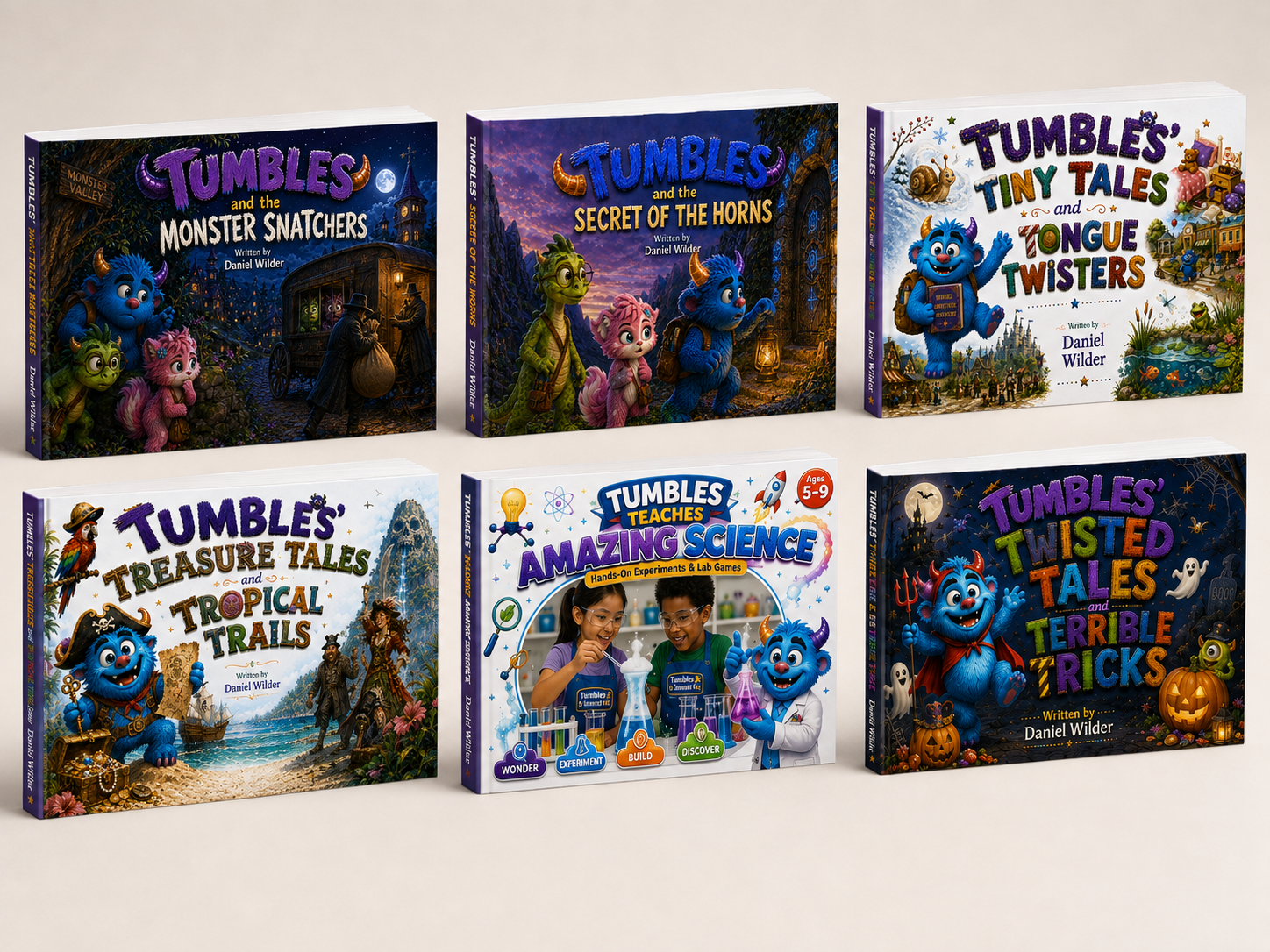 A lineup of Tumbles World books